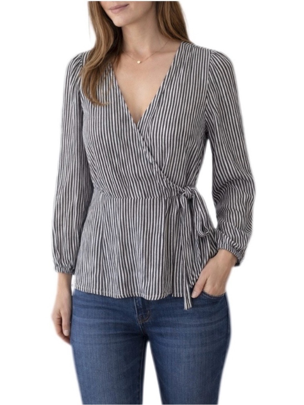 Coastal Cottage Wrap Top Cotton Striped Size MEDIUM
